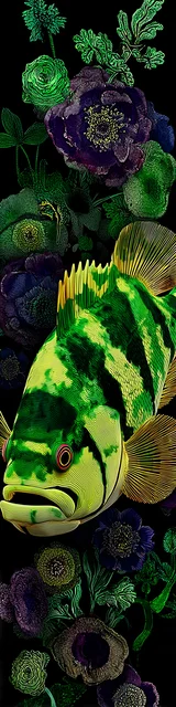 Free printable fish bookmark featuring dark tones green fish